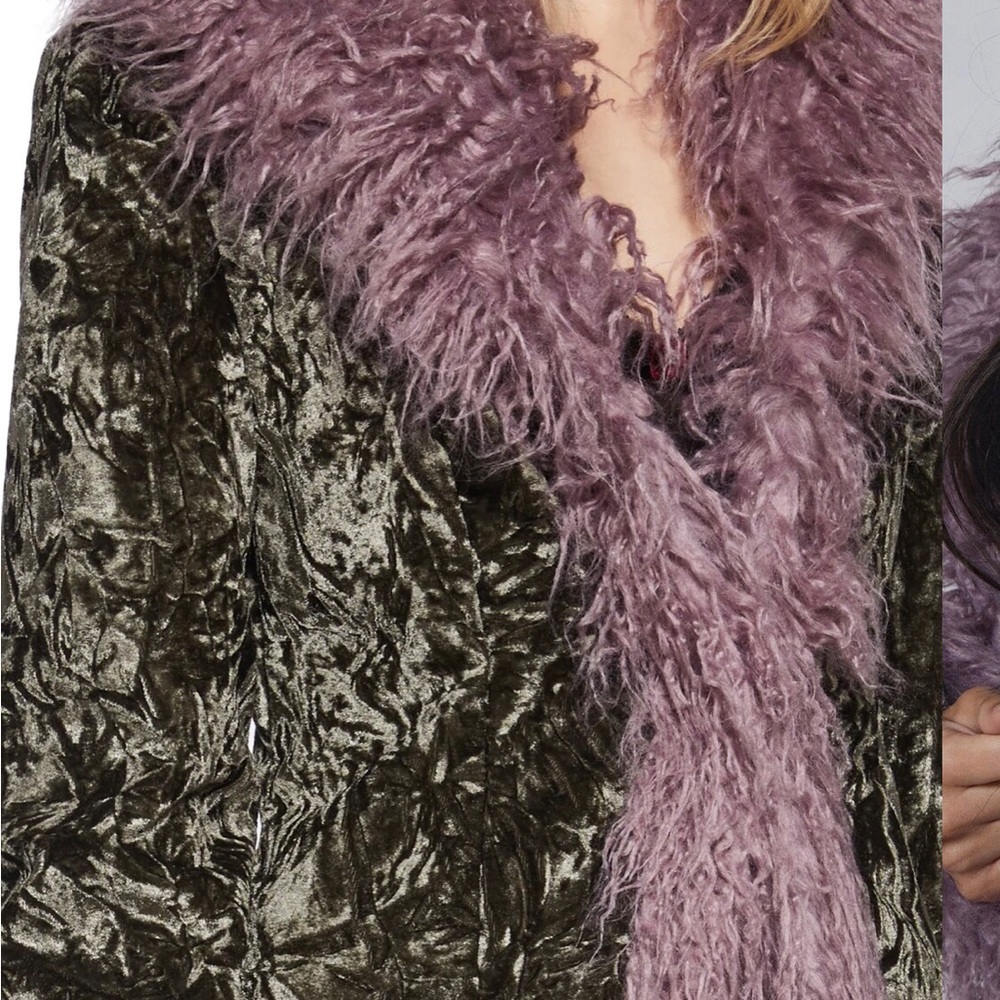 Dolls Kill Olive Velvet Coat with Lavender Faux Fur Trim - Picture 5 of 9